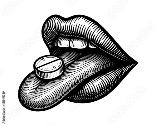 Engraving Style Mouth Open with Tongue Out and Tablet on Tongue Detailed Black and White Illustration