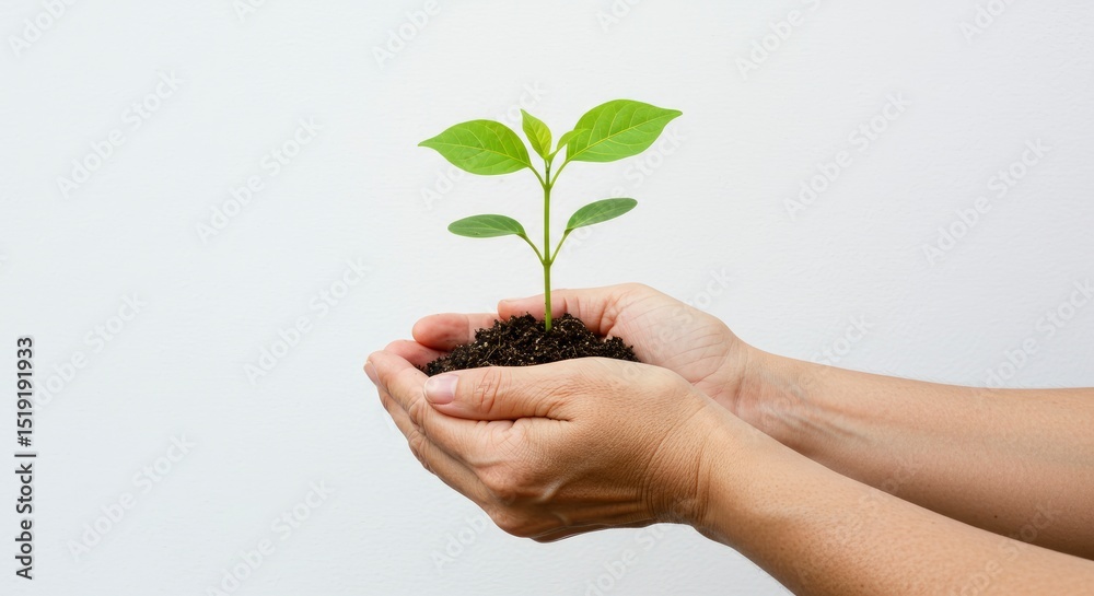 Tender Sprout: Hands Gently Cradle a New Life, Minimalist Serenity Tender Sprout: Hands Gently Cradle a New Life, Minimalist Serenity