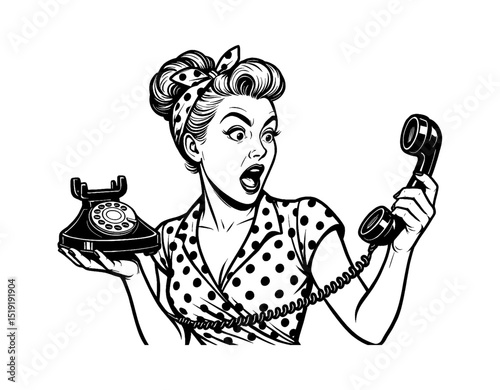 Surprised Pinup Woman Holding Telephone Receiver and Phone with Open Mouth in Pop Art Style