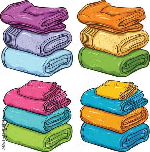 Towel Stack Vector Illustration, Colorful Laundry.