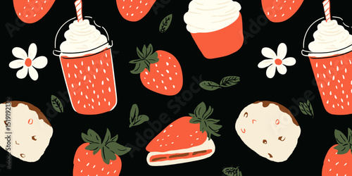 Sweet Strawberry Treats Seamless Pattern of Berries, Drinks, and Baked Goods