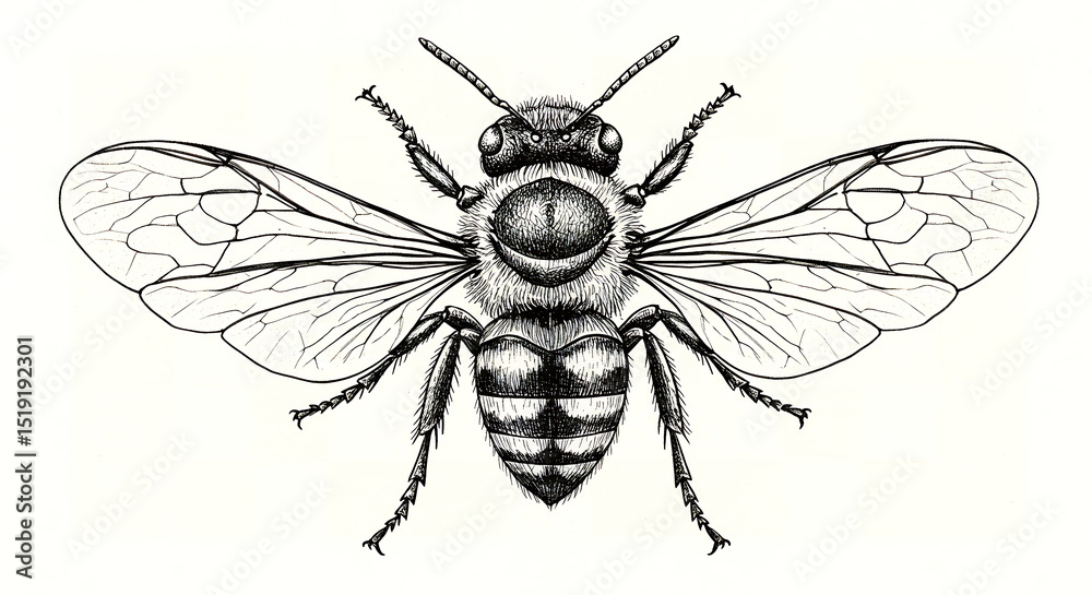 Obraz premium Realistic top-down entomological illustration of a bee in monochrome, with intricate linework showing body segmentation, transparent wings, and symmetrical jointed legs