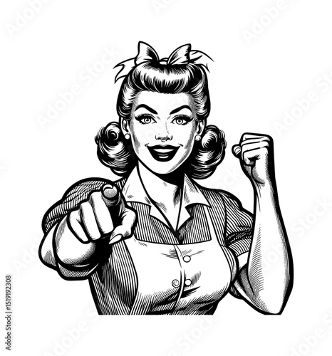Vintage Style Woman Pointing Finger at You with Determined Expression Black and White Engraving