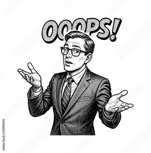 Confused Caucasian Businessman Shrugging in Disbelief with Hands Up and the Word Oops in the background
