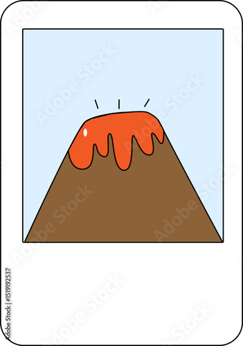 Minimalist vector illustration of a volcano erupting with red lava on a brown mountain under a clear blue sky backgroun