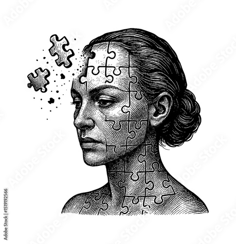 Woman's face with puzzle pieces fitting together, some pieces detaching in engraving art style