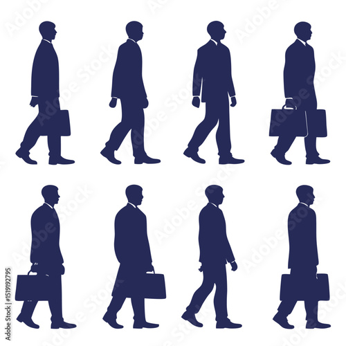 Businessmen walking silhouettes briefcases animation