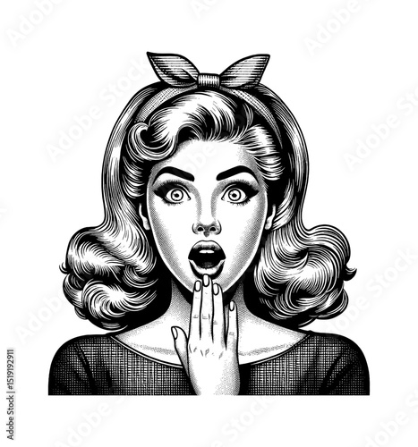 Surprised Woman with Hand on Mouth in Pinup Style Detailed Black and White Engraving