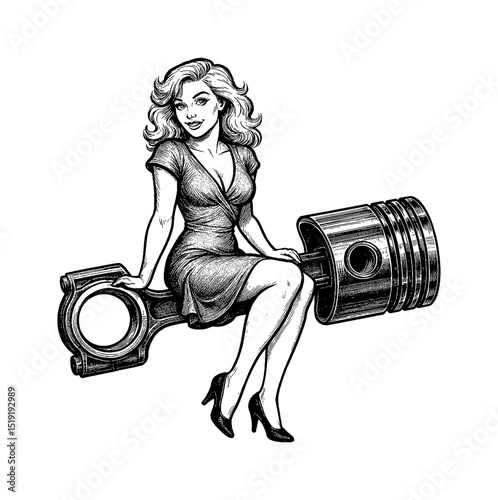 Blonde Pinup Woman Sitting on Engine Piston in Dress and Heels Black and White Engraving
