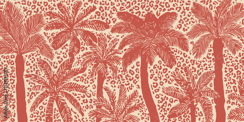 Coral Palm Tree Pattern Tropical Illustration with Leopard Print Background