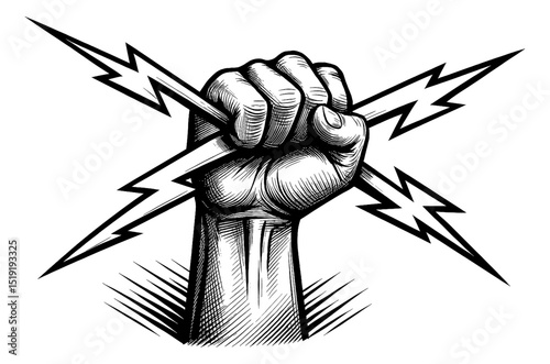 Raised Fist Holding Lightning Bolts Engraving Style Black and White Isolated on White