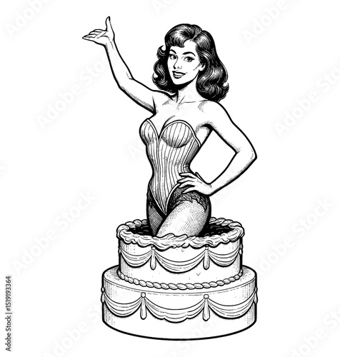 Elegant Pinup Woman Emerges From Tiered Cake with a Confident Gesture and Retro Style Drawing