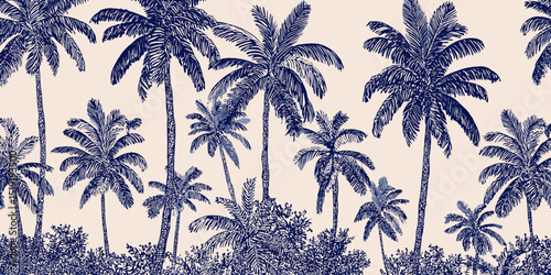 Hand-Drawn Tropical Palm Tree Pattern Seamless Blue Design
