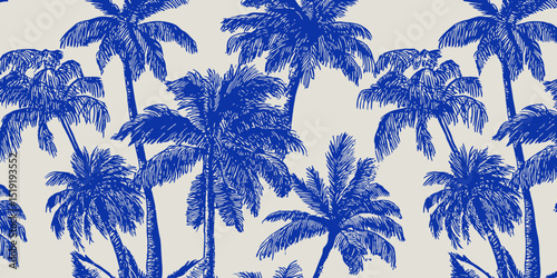 Vibrant Blue Palm Tree Tropical Pattern Seamless Design for Textile & Print