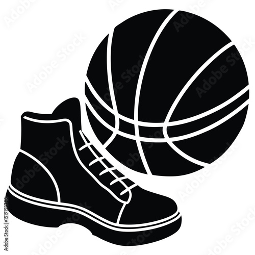 A black and white illustration of a basketball shoe and ball viewed from the side