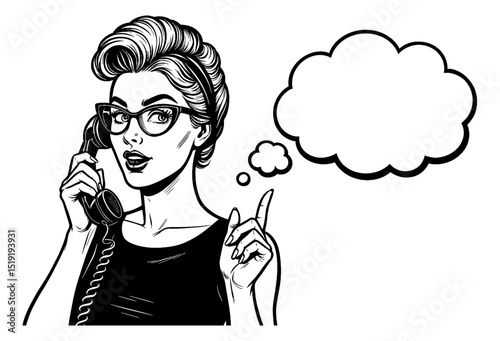 Woman with glasses talking on the phone with a thought bubble illustration vector