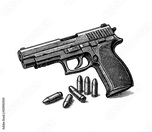 Detailed Engraving Illustration of a Handgun with Ammunition on a White Background