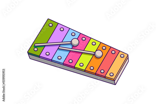 Babies' colourful xylophone. Kids' percussion musical instrument with wooden mallets, drumsticks. Children's metallophone to play music, sounds. Flat isolated vector illustration on white background