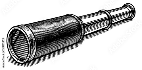 Detailed Illustration of a Telescope in Black and White Engraved Style Drawing