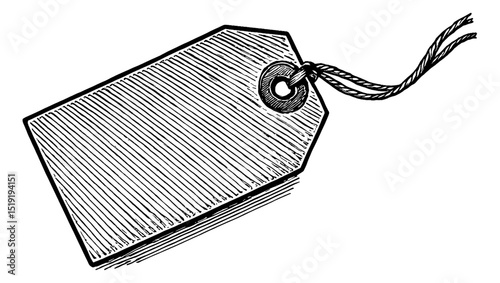 Illustration of Price Tag with String in Vintage Style Black and White Engraving on White Background