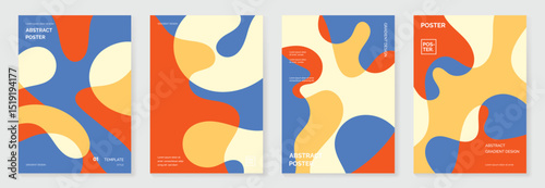 Colorful pop poster background vector set. Minimalist cover template with geometric shape. Ideal design for social media, banner, summer season card.