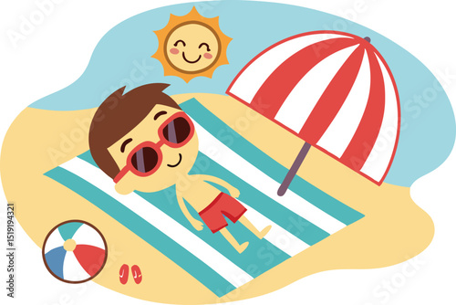 Happy boy sunbathing on beach towel under umbrella