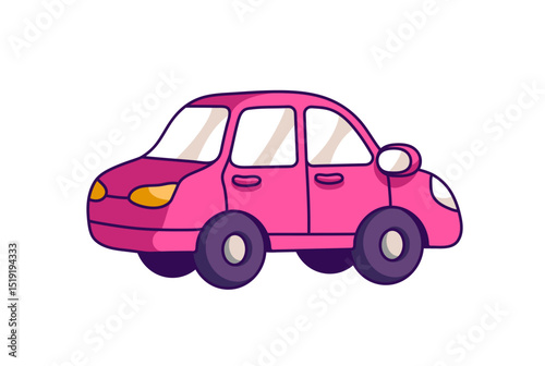Cute pink toy car for boys. Little model of automobile for funny games. Kids' plastic auto for kindergarten. Children's transport to play on playground. Flat isolated vector illustration on white