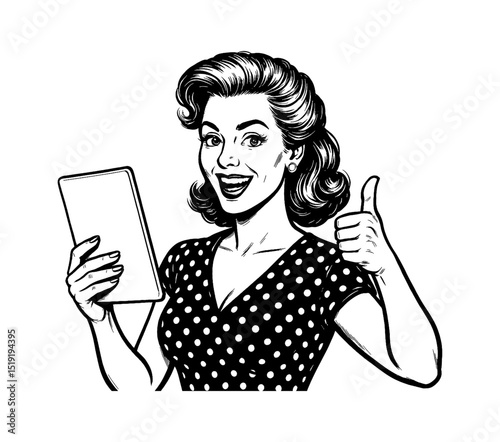 Happy Caucasian Woman Holding Tablet and Giving Thumbs Up in Black and White Illustration