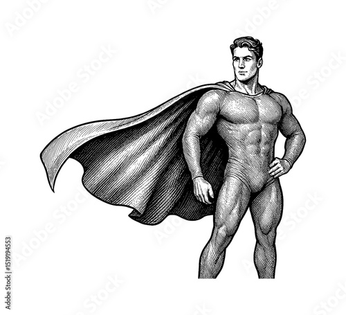 Engraved illustration of a superhero standing with cape blowing and hand on hip