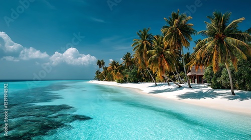 Tropical beach with palm trees and turquoise water at Maldives
