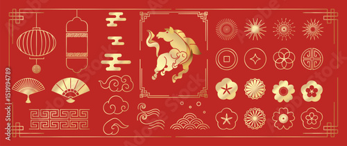 Happy Chinese New Year 2026 element vector set. Year of the horse design. Lanterns, horse, firework, corner, frame, pattern, cloud, coin, flower icons of Asian Lunar New Year holiday decoration.