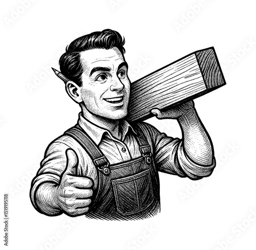 Man Smiling and Holding Wood Plank with Thumbs Up in Detailed Black and White Line Art