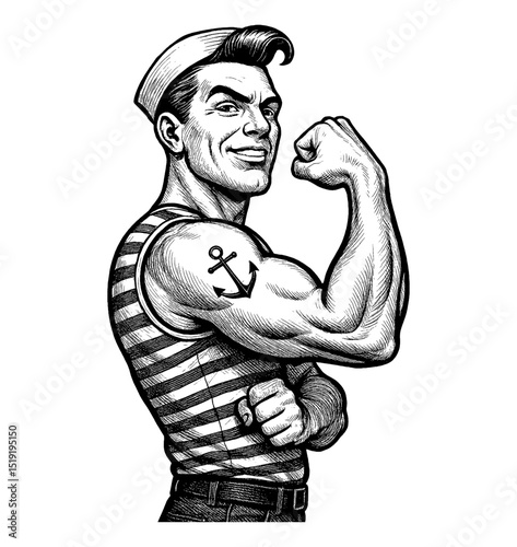 Strong Caucasian Sailor Man Flexing Arm Muscle with Smile in Black and White Engraving Style