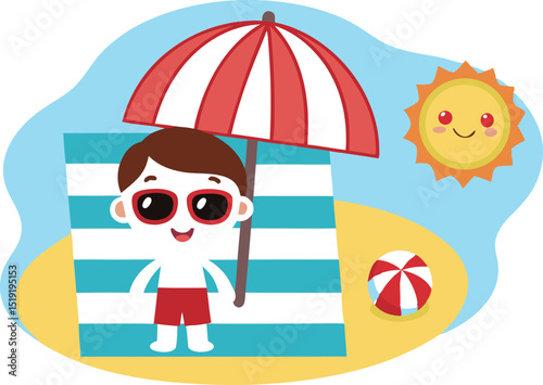 Happy boy relaxing on beach towel under umbrella