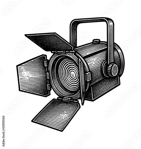 Engraved Illustration of a Stage Light with Barn Doors and a Handle