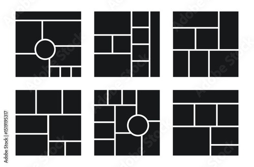 Moodboard template. Photo collage layout. Mood board background. Mosaic pictures album grid. Photomontage frames. Set scrapbook images. Square posters. Social media design. Vector illustration