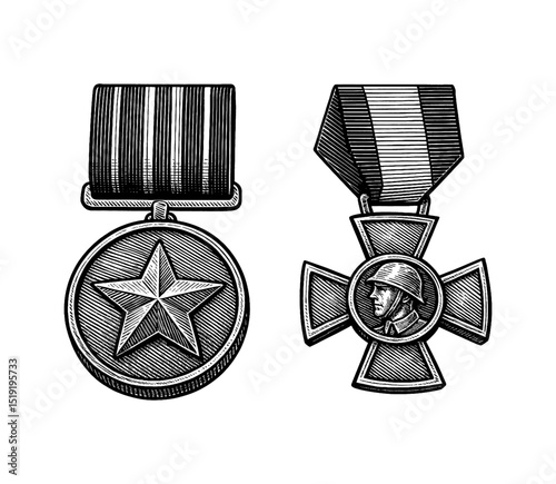 Engraved Illustration of Military Medals with Star and Soldier Profile in Black and White