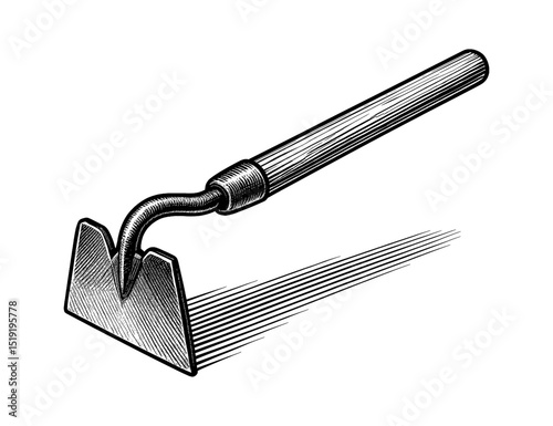 Detailed Engraved Illustration of a Gardening Hoe Tool on White Background