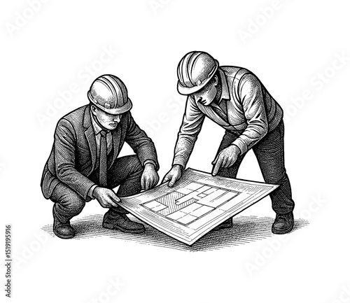 Two Engineers Reviewing Blueprint on Floor Wearing Hard Hats in Detailed Engraving