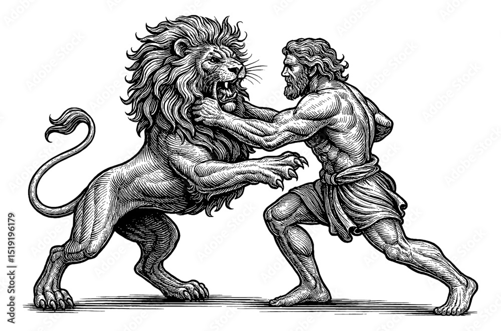 Obraz premium Illustration of Hercules Fighting a Lion in Engraving Style, Black and White image