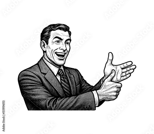 Happy Businessman in Suit Presenting and Smiling in Black and White Illustration