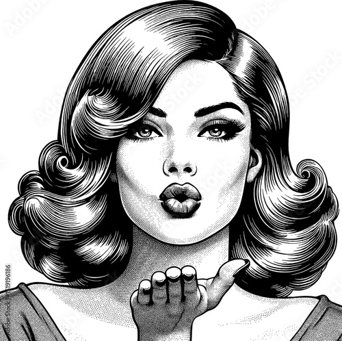 Attractive Caucasian Woman Blowing Kiss with Engraved Style in Black and White Illustration