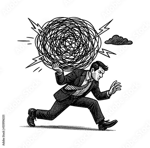 Stressed Businessman Running with Overwhelmed Problem Engrave Illustration