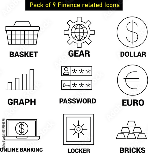 Banking icon collection with ATM machine, bank building, secure vault, loan document, and currency exchange symbol set