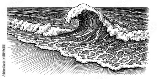 Engraving Illustration of Ocean Wave Crashing on the Shore in Black and White