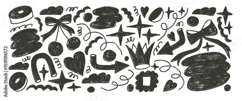 Charcoal drawn silhouette shapes set. Naive girly black doodle figures on white background. Crown, cherry, bow and geometric forms sketch linocut elements. Vector illustration by pencil.