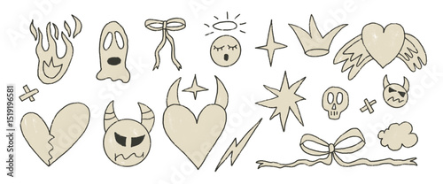Rock and roll girly hand drawn set. Punk charcoal breaking heart doodle background. Scribble grunge shapes. Devil, crown and line sketch graffiti art. Vector illustration by pencil isolated on white.