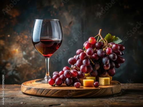 Rustic Charcuterie Board with Wine Glass and Red Grapes in Architectural Photography Style