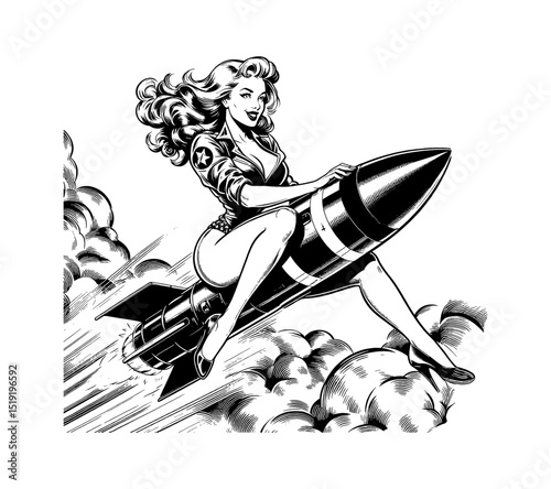 Pinup Woman Riding Rocket in Black and White Engraving Style with Clouds Background