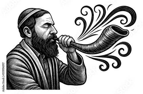 Engraved Drawing of Jewish Man with Beard Blowing a Shofar Horn with Swirls on White